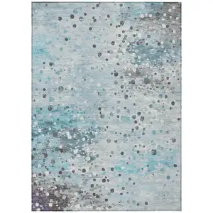 Photo of Teal Blue And Gray Abstract Washable Indoor Outdoor Area Rug