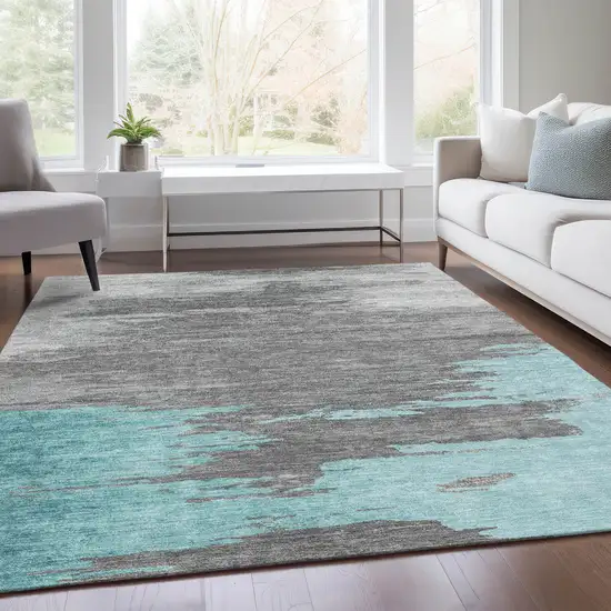 Teal Blue And Gray Abstract Washable Indoor Outdoor Area Rug Photo 7