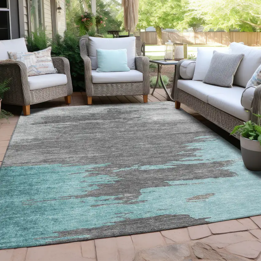 Teal Blue And Gray Abstract Washable Indoor Outdoor Area Rug Photo 5
