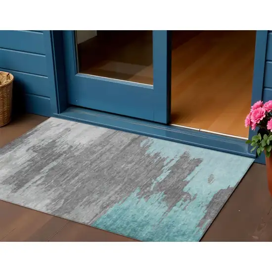 Teal Blue And Gray Abstract Washable Indoor Outdoor Area Rug Photo 2