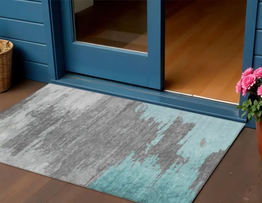 Teal Blue And Gray Abstract Washable Indoor Outdoor Area Rug Photo 2