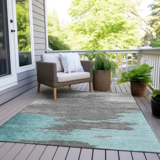 Teal Blue And Gray Abstract Washable Indoor Outdoor Area Rug Photo 8