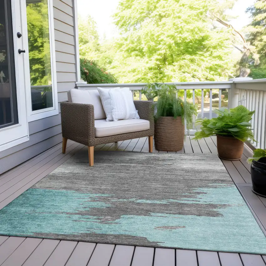 Teal Blue And Gray Abstract Washable Indoor Outdoor Area Rug Photo 8