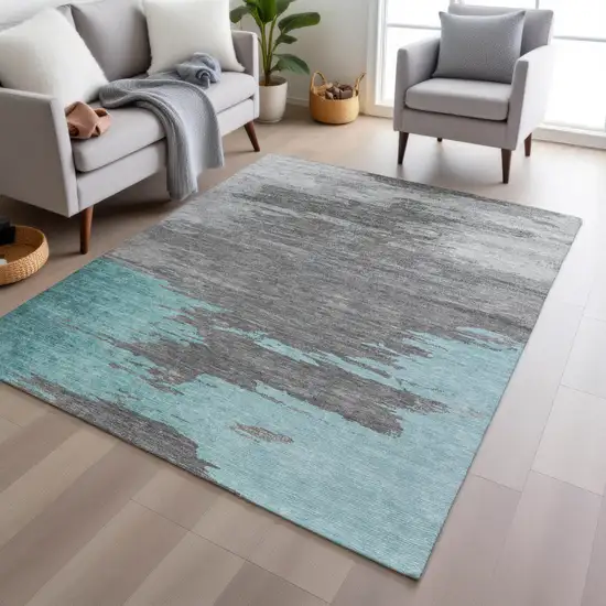 Teal Blue And Gray Abstract Washable Indoor Outdoor Area Rug Photo 6