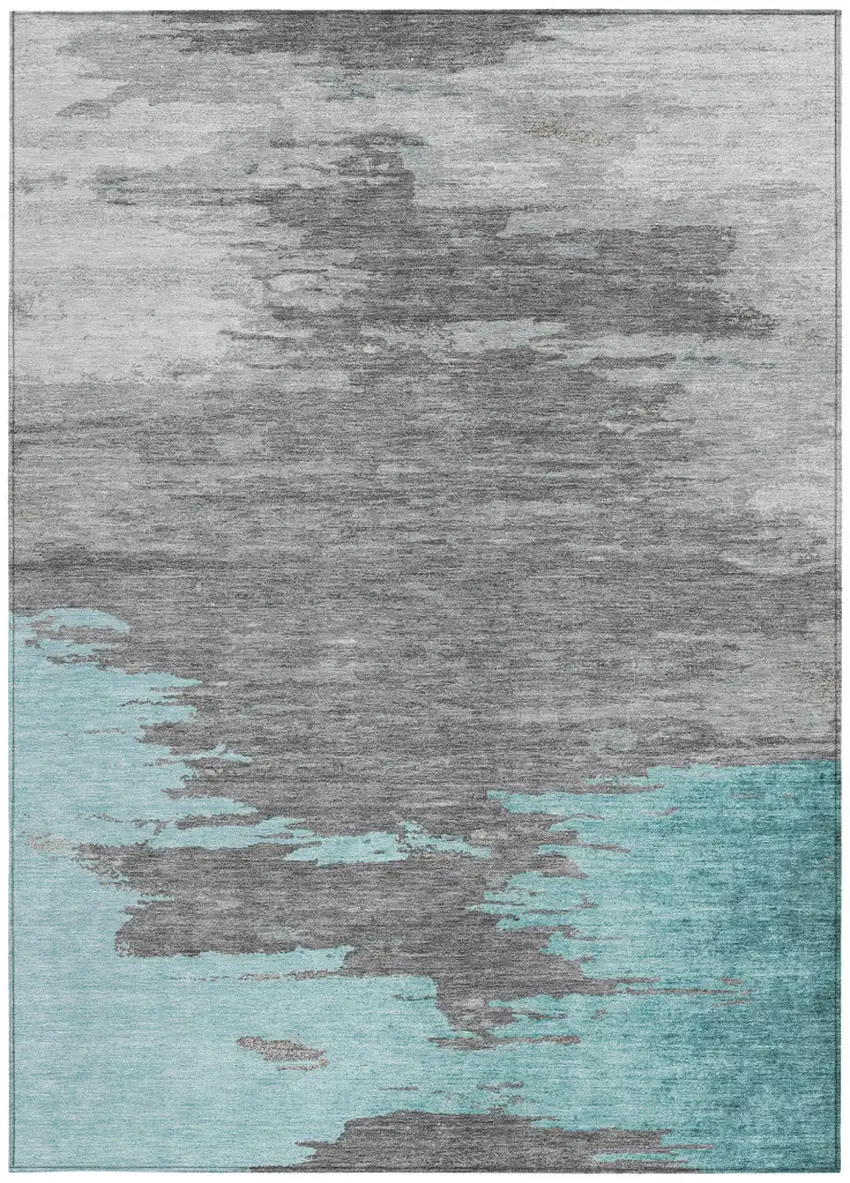Teal Blue And Gray Abstract Washable Indoor Outdoor Area Rug Photo 3