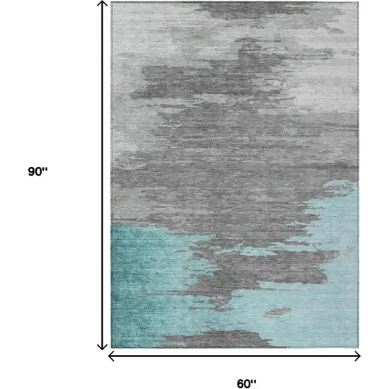 Teal Blue And Gray Abstract Washable Indoor Outdoor Area Rug Photo 9
