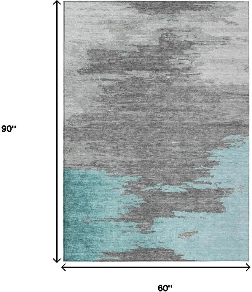 Teal Blue And Gray Abstract Washable Indoor Outdoor Area Rug Photo 9