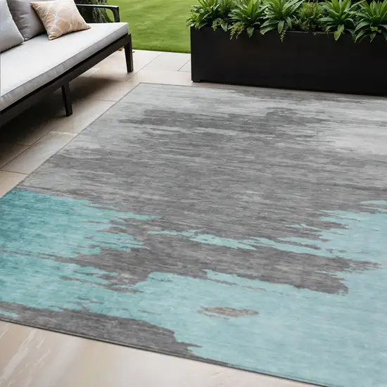 Teal Blue And Gray Abstract Washable Indoor Outdoor Area Rug Photo 2