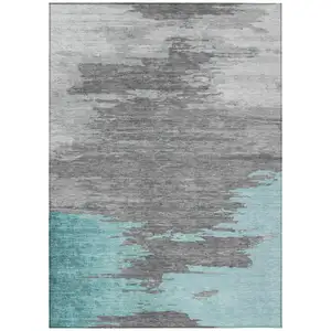 Photo of Teal Blue And Gray Abstract Washable Indoor Outdoor Area Rug
