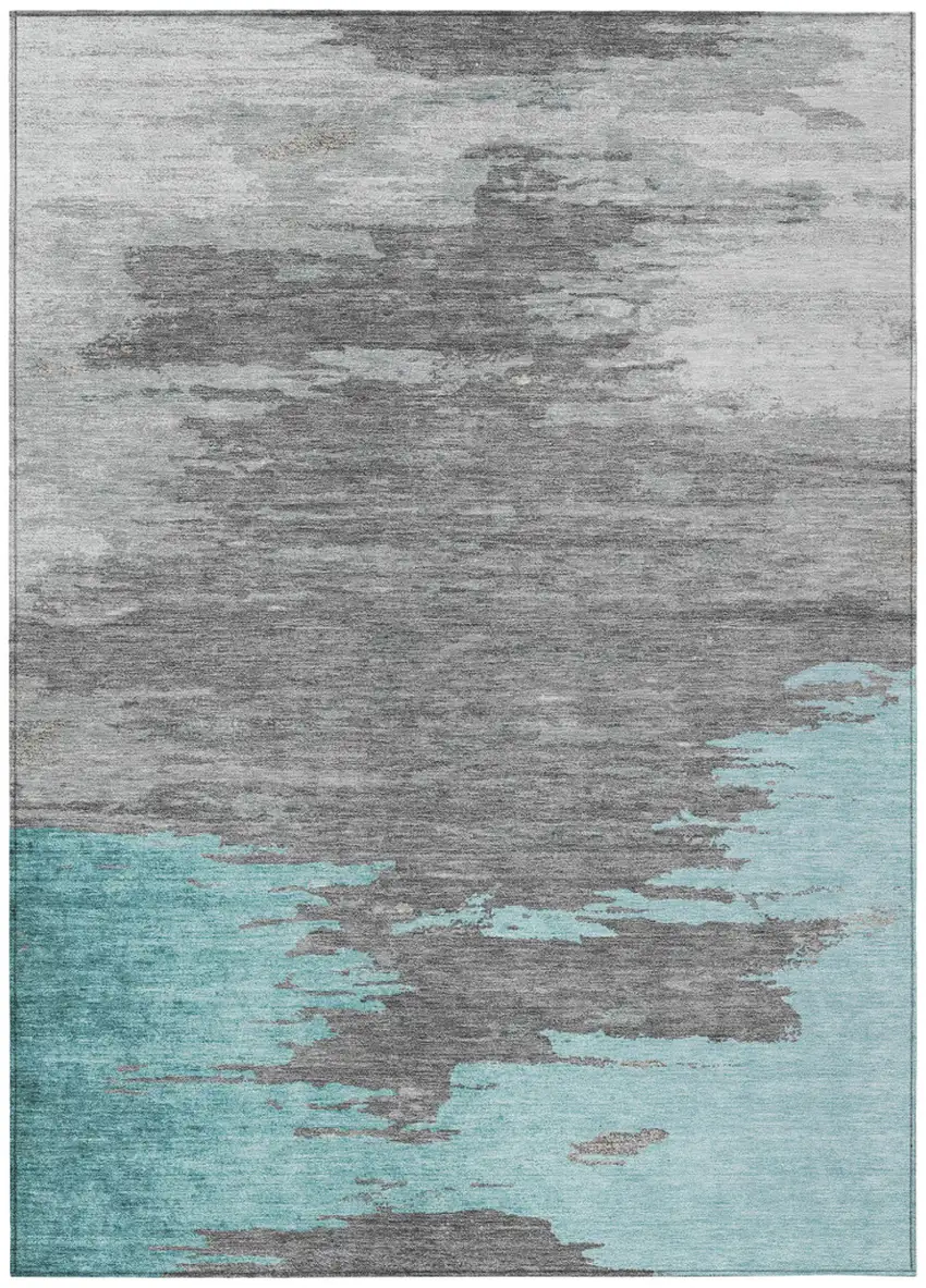 Teal Blue And Gray Abstract Washable Indoor Outdoor Area Rug Photo 1