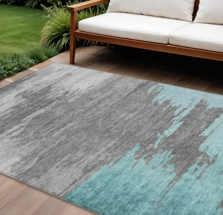 Teal Blue And Gray Abstract Washable Indoor Outdoor Area Rug Photo 2