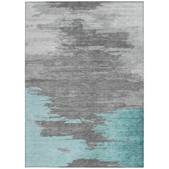 Teal Blue And Gray Abstract Washable Indoor Outdoor Area Rug Photo 3