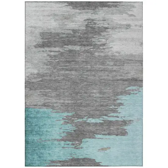 Teal Blue And Gray Abstract Washable Indoor Outdoor Area Rug Photo 1