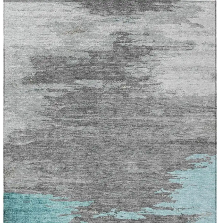 Teal Blue And Gray Abstract Washable Indoor Outdoor Area Rug Photo 7