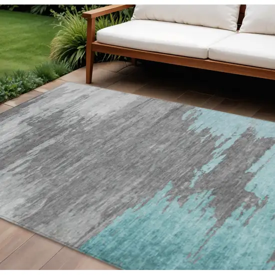 Teal Blue And Gray Abstract Washable Indoor Outdoor Area Rug Photo 2