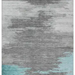 Photo of Teal Blue And Gray Abstract Washable Indoor Outdoor Area Rug