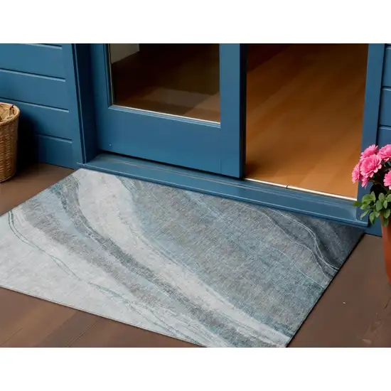 Teal Blue And Gray Abstract Washable Indoor Outdoor Area Rug Photo 2