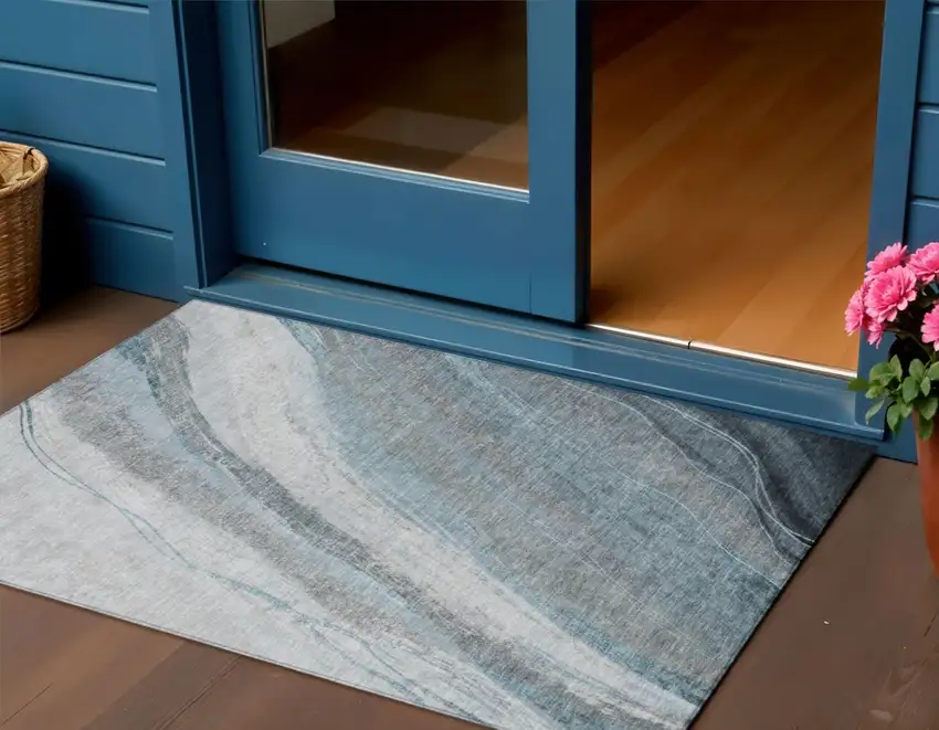 Teal Blue And Gray Abstract Washable Indoor Outdoor Area Rug Photo 2