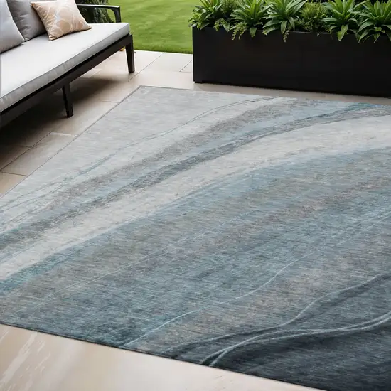 Teal Blue And Gray Abstract Washable Indoor Outdoor Area Rug Photo 2