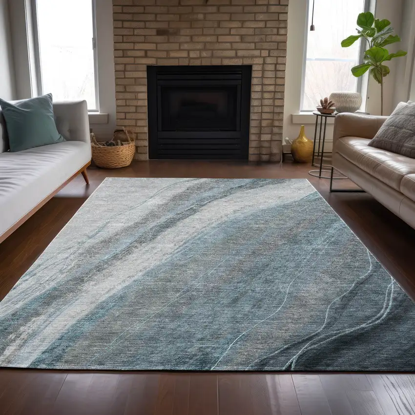 Teal Blue And Gray Abstract Washable Indoor Outdoor Area Rug Photo 6