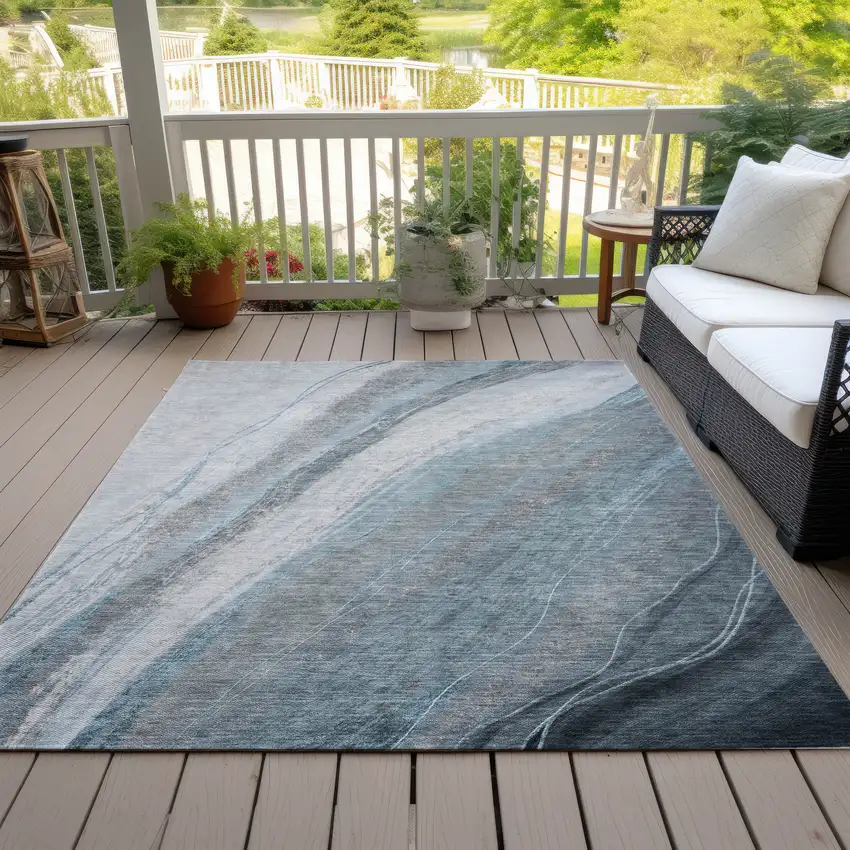 Teal Blue And Gray Abstract Washable Indoor Outdoor Area Rug Photo 8