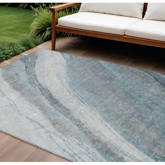 Teal Blue And Gray Abstract Washable Indoor Outdoor Area Rug Photo 2