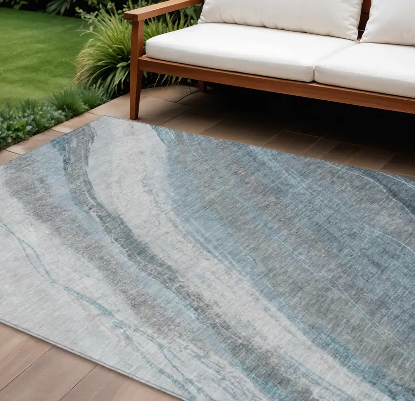 Teal Blue And Gray Abstract Washable Indoor Outdoor Area Rug Photo 2