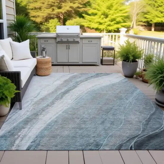 Teal Blue And Gray Abstract Washable Indoor Outdoor Area Rug Photo 5