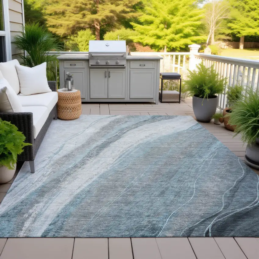 Teal Blue And Gray Abstract Washable Indoor Outdoor Area Rug Photo 5