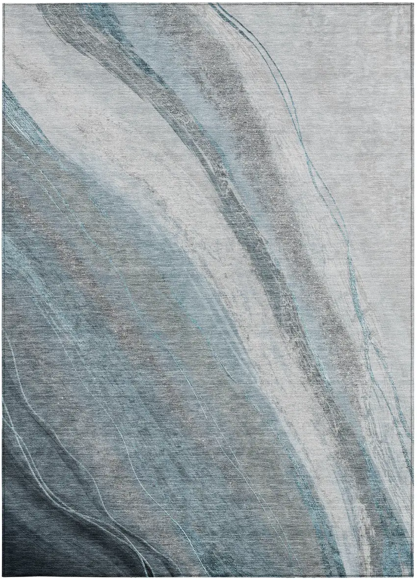 Teal Blue And Gray Abstract Washable Indoor Outdoor Area Rug Photo 1