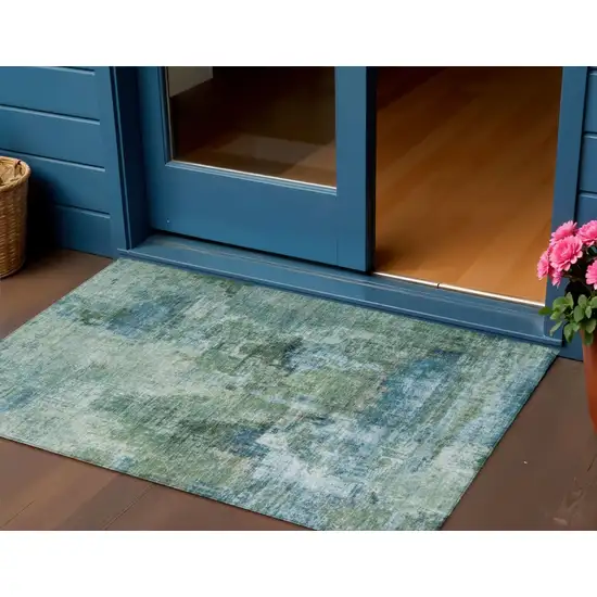 Teal Blue And Gray Abstract Washable Indoor Outdoor Area Rug Photo 1