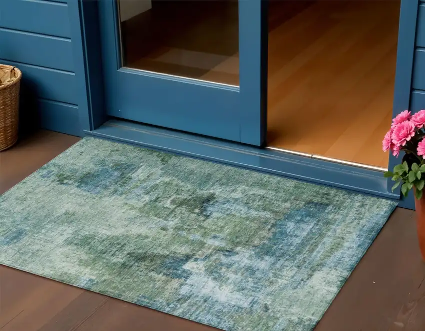 Teal Blue And Gray Abstract Washable Indoor Outdoor Area Rug Photo 1