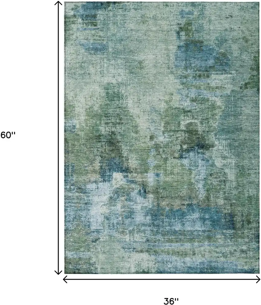 Teal Blue And Gray Abstract Washable Indoor Outdoor Area Rug Photo 3