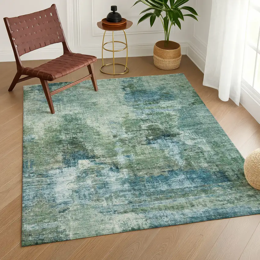 Teal Blue And Gray Abstract Washable Indoor Outdoor Area Rug Photo 9