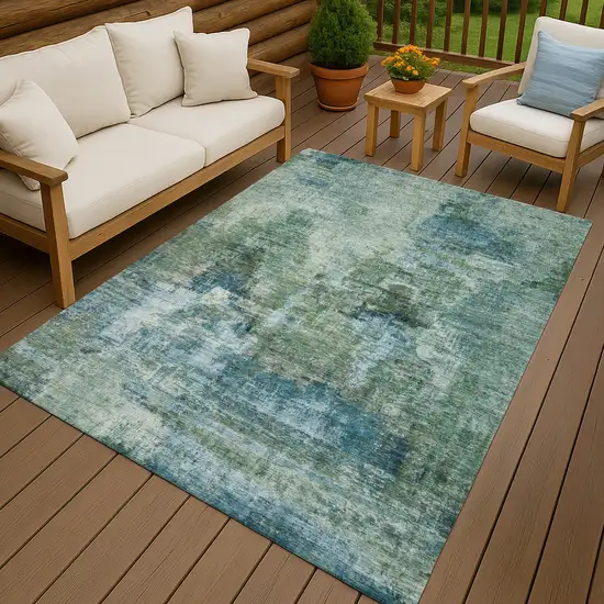 Teal Blue And Gray Abstract Washable Indoor Outdoor Area Rug Photo 9