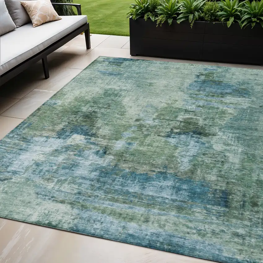 Teal Blue And Gray Abstract Washable Indoor Outdoor Area Rug Photo 1
