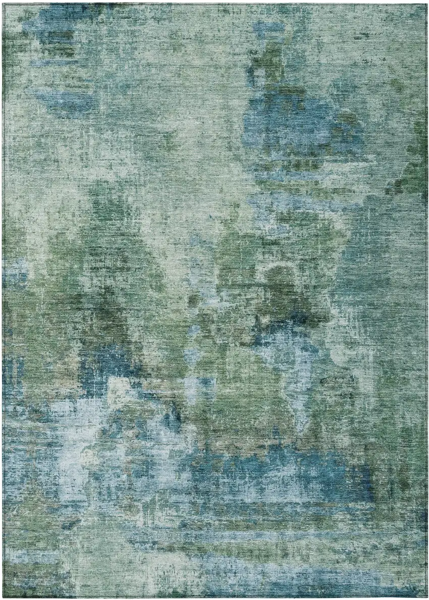 Teal Blue And Gray Abstract Washable Indoor Outdoor Area Rug Photo 2