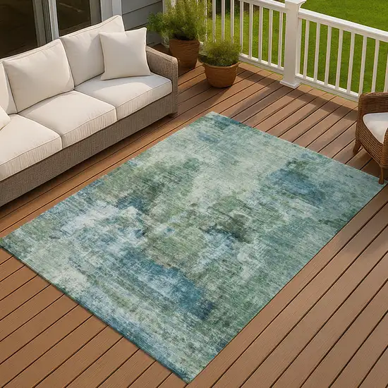 Teal Blue And Gray Abstract Washable Indoor Outdoor Area Rug Photo 7