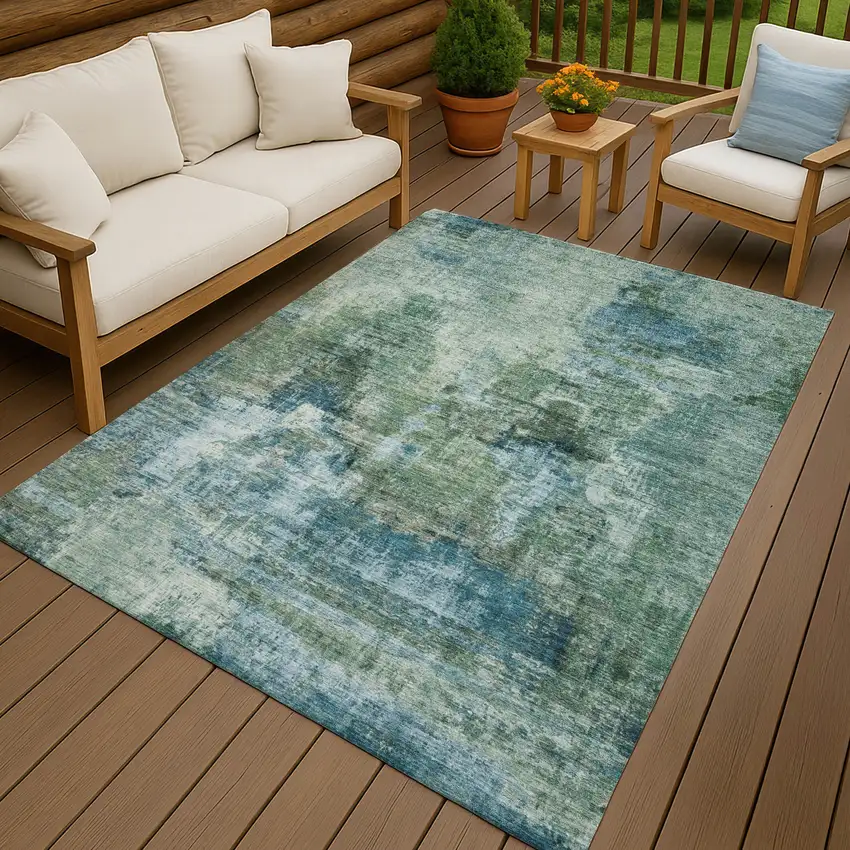 Teal Blue And Gray Abstract Washable Indoor Outdoor Area Rug Photo 9