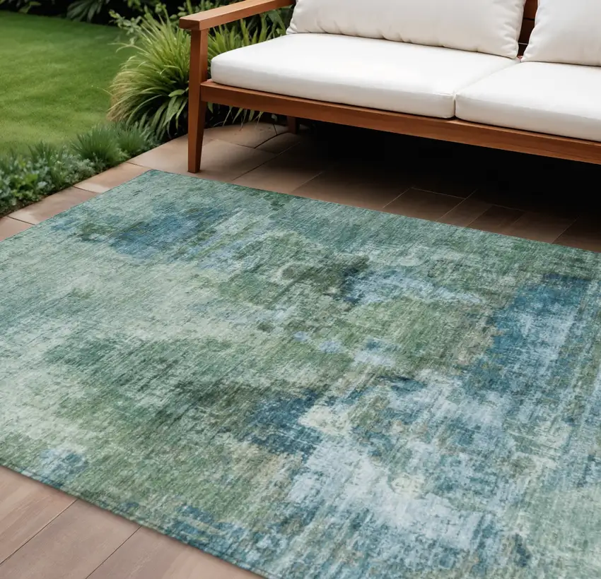 Teal Blue And Gray Abstract Washable Indoor Outdoor Area Rug Photo 1
