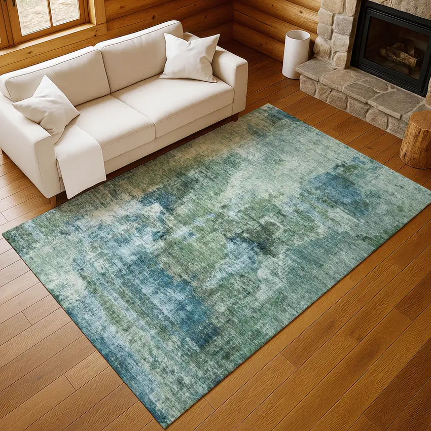 Teal Blue And Gray Abstract Washable Indoor Outdoor Area Rug Photo 8