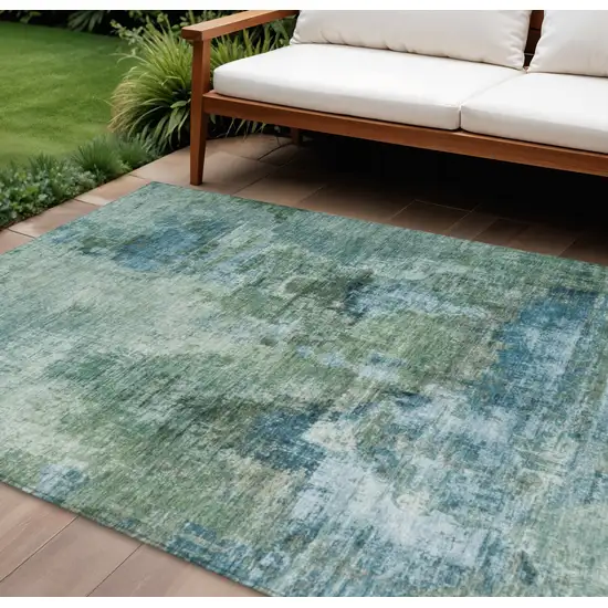 Teal Blue And Gray Abstract Washable Indoor Outdoor Area Rug Photo 1