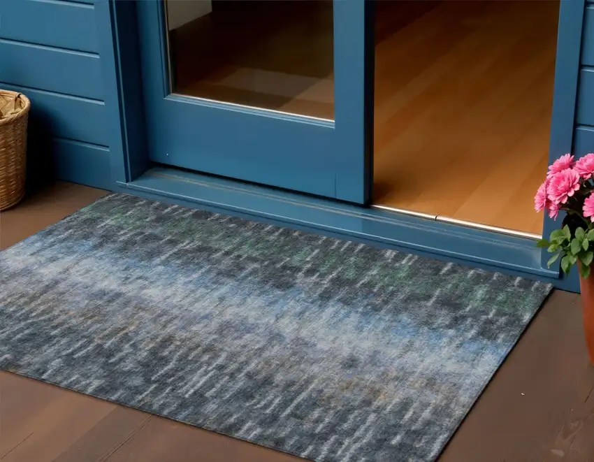 Teal Blue And Gray Abstract Washable Indoor Outdoor Area Rug Photo 1