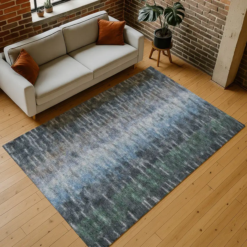Teal Blue And Gray Abstract Washable Indoor Outdoor Area Rug Photo 9