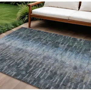 Photo of Teal Blue And Gray Abstract Washable Indoor Outdoor Area Rug