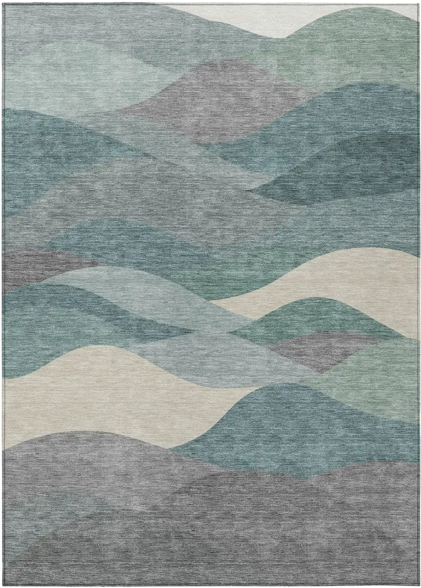 Teal Blue And Gray Abstract Washable Indoor Outdoor Area Rug Photo 8