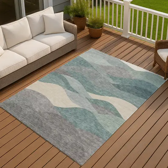 Teal Blue And Gray Abstract Washable Indoor Outdoor Area Rug Photo 3