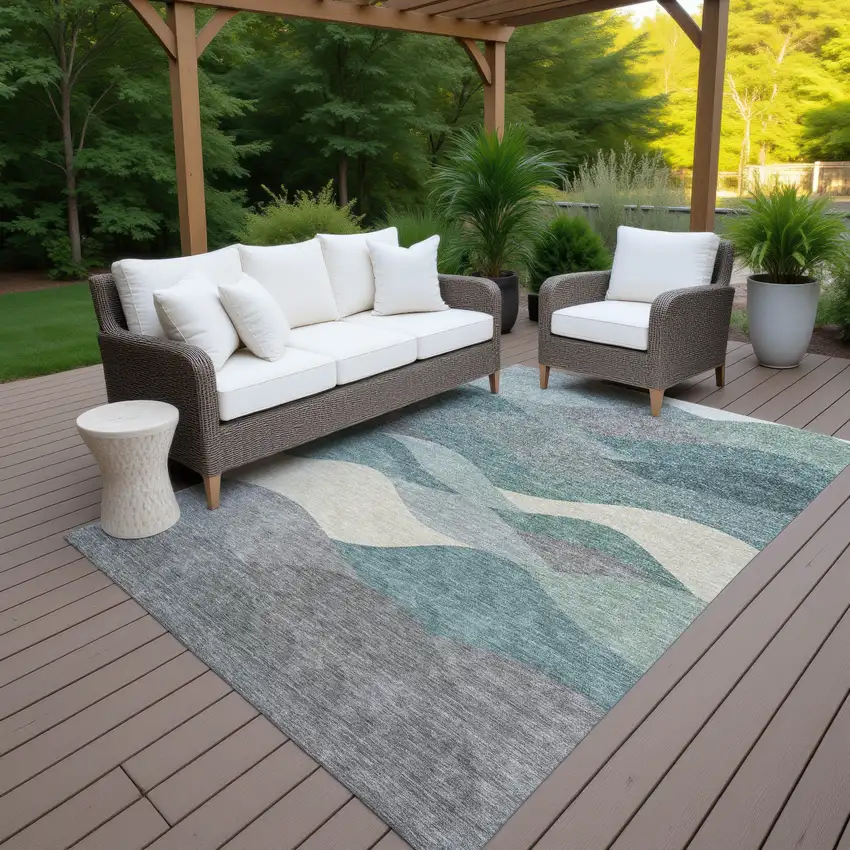 Teal Blue And Gray Abstract Washable Indoor Outdoor Area Rug Photo 6