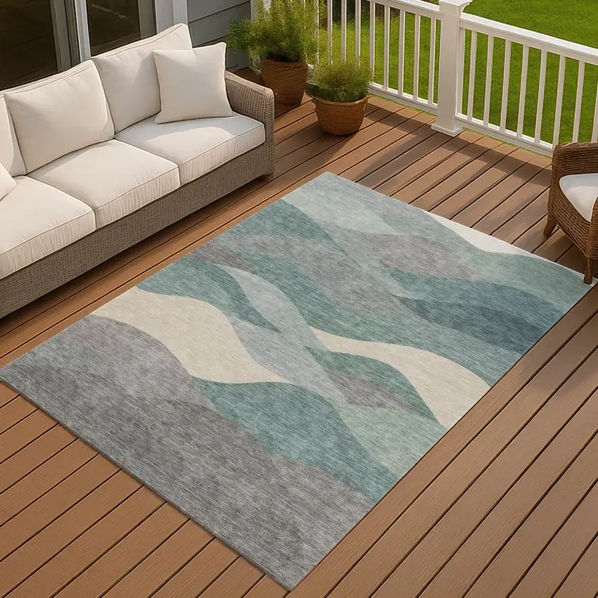 Teal Blue And Gray Abstract Washable Indoor Outdoor Area Rug Photo 3