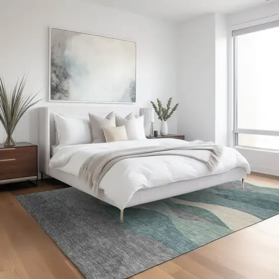 Teal Blue And Gray Abstract Washable Indoor Outdoor Area Rug Photo 5